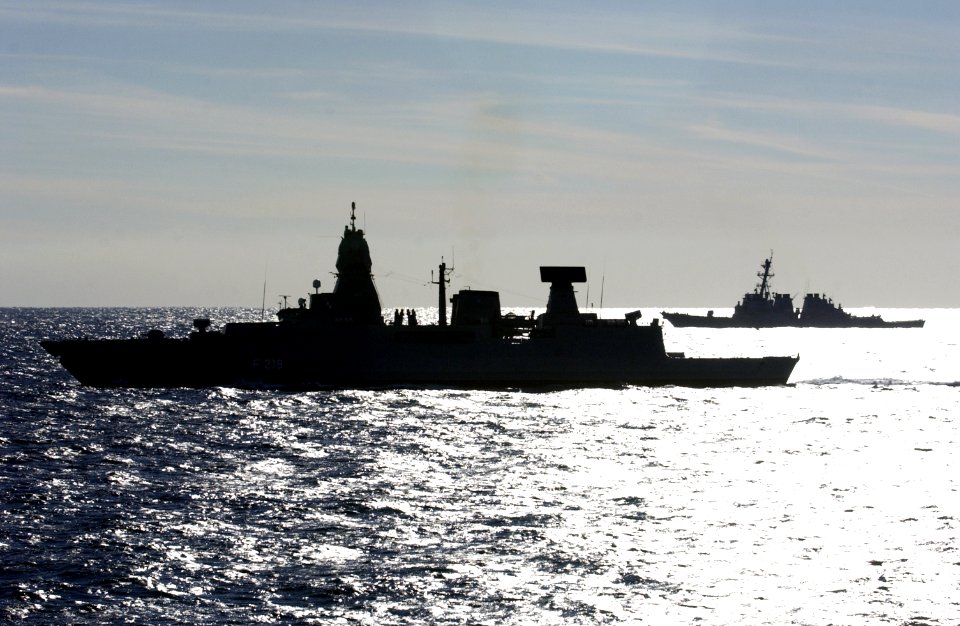 US Navy 070224-N-5459S-038 German frigate FGS Sachsen (F219) sails in front of guided missile destroyer USS Carney (DDG-64) during a diversion tactics training exercise