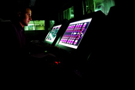 US Navy 070220-N-9928E-020 Aviation Boatswain's Mate (Fuels) Airman Carl Shahady operates the fuels monitor aviation fuels division pump room number two aboard the Nimitz-class aircraft carrier USS John C. Stennis (CVN 74)