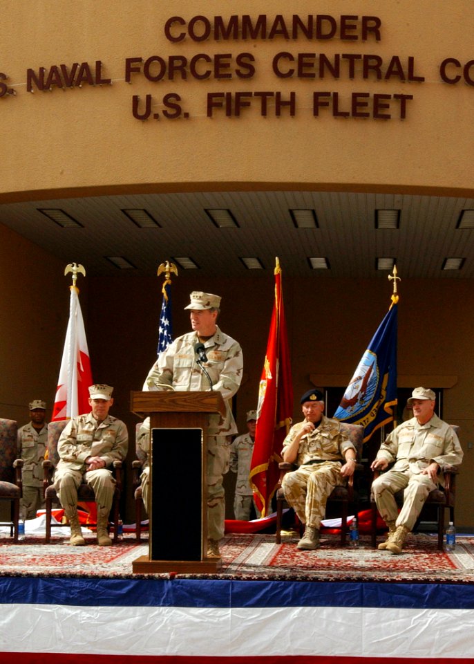 US Navy 070227-N-4205W-002 Vice Adm. Patrick Walsh addresses service members and guests during a change of command ceremony at Naval Support Activity, Bahrain