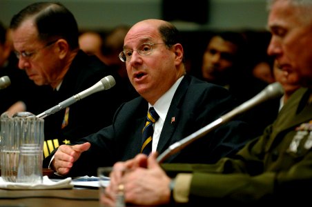 US Navy 070301-N-3642E-254 Secretary of the Navy (SECNAV) the Honorable Dr. Donald C. Winter, Chief of Naval Operations (CNO) Adm. Mike Mullen and Commandant of the Marine Corps Gen. James T. Conway appear before the House Arme