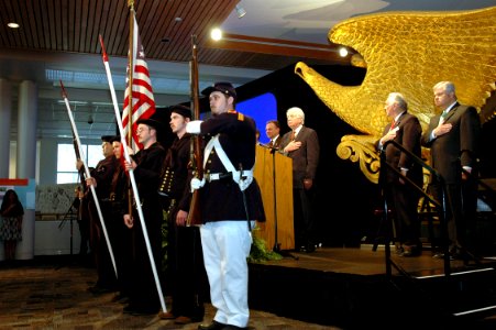US Navy 070309-N-2456S-009 Members of Tidewater Maritime Living History Association present the colors during the opening ceremony for the USS Monitor Center at the Mariner's Museum in Newport News