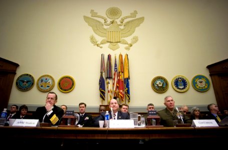 US Navy 070301-N-0696M-129 Secretary of the Navy (SECNAV) the Honorable Dr. Donald C. Winter, Chief of Naval Operations (CNO) Adm. Mike Mullen and Commandant of the Marine Corps Gen. James T. Conway appear before the House Arme