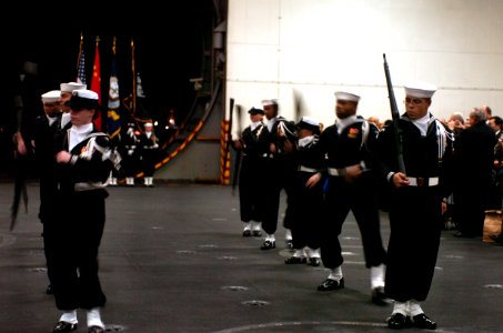 US Navy 070307-N-0555B-119 The honor guard on board USS Ronald Reagan (CVN 76) performs a drill routine before parading the United States and China's flags during a reception held aboard the aircraft carrier