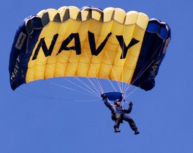 US Navy 070308-N-4163T-149 A member of the U.S. Navy Parachute Demonstration Team Leap Frogs descends into San Diego's Qualcomm Stadium as part of a training session photo