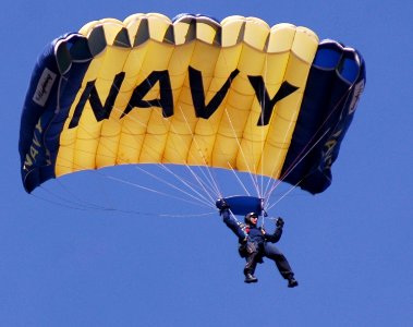 US Navy 070308-N-4163T-149 A member of the U.S. Navy Parachute Demonstration Team Leap Frogs descends into San Diego's Qualcomm Stadium as part of a training session