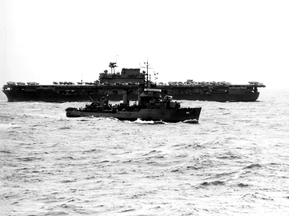 USS Fanning (DD-385) underway near USS Enterprise (CV-6) on 18 April 1942 (80-G-324232)