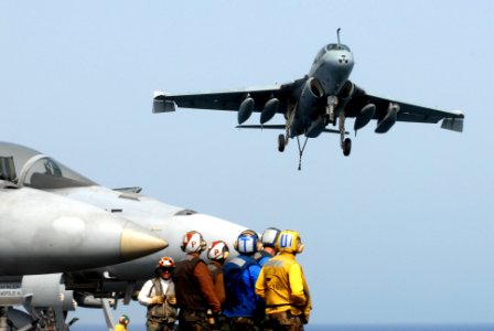 US Navy 070308-N-2659P-015 An EA-6B Prowler, assigned to the Yellowjackets of Tactical Electronic Warfare Squadron (VAQ) 138, approaches the flight deck aboard Nimitz-class aircraft carrier USS John C. Stennis (CVN 74)