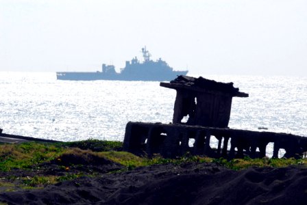 US Navy 070314-N-4124C-162 Dock landing ship USS Harpers Ferry (LSD 49) steams close to shore of Iwo Jima while on station to support the 62nd Commemoration of the Battle of Iwo Jima