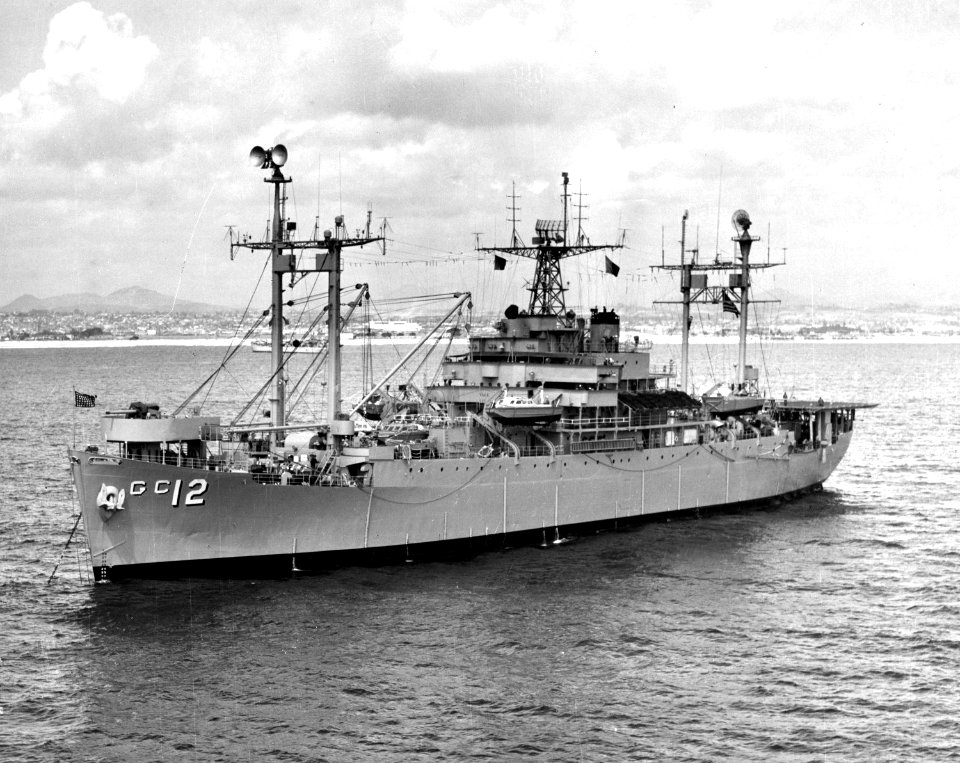 USS Estes (AGC-12) at anchor in 1955