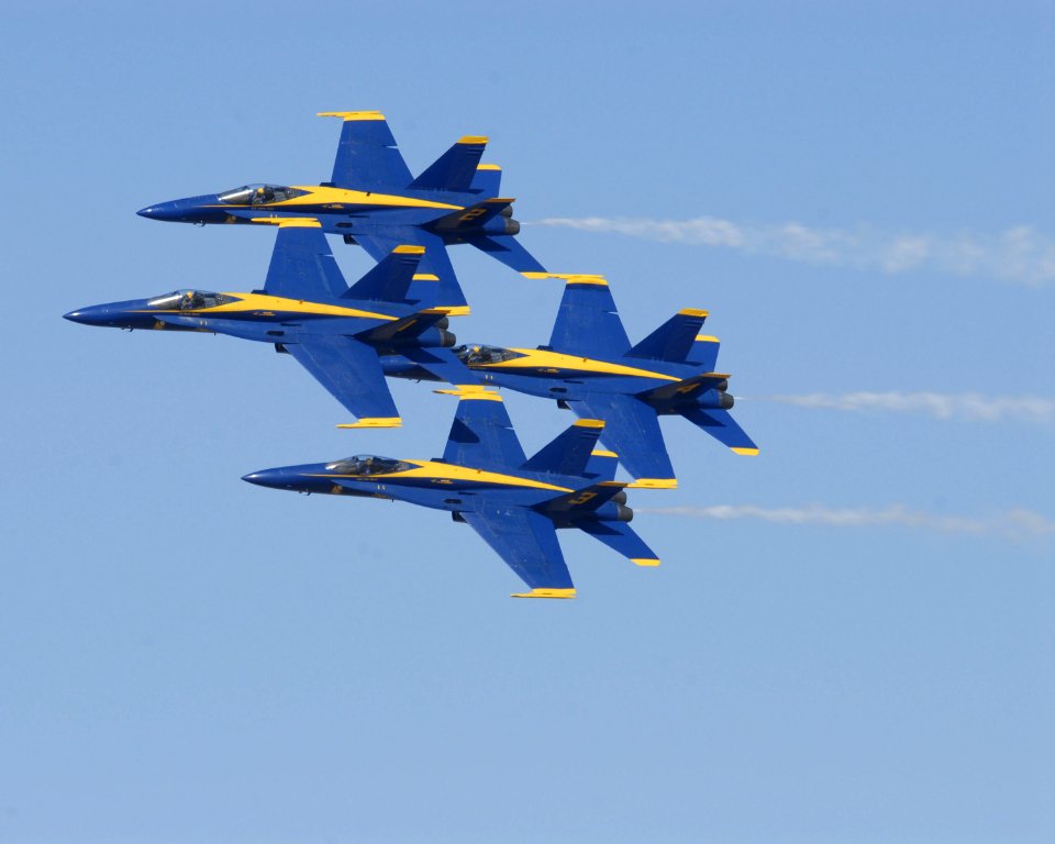 US Navy 070310-N-1226D-168 The Blue Angels fly together in a diamond formation during one of their many maneuvers performed during a recent air show