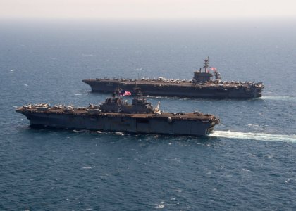 USS Essex and USS Theodore Roosevelt transit the Arabian Gulf. (20847982589)