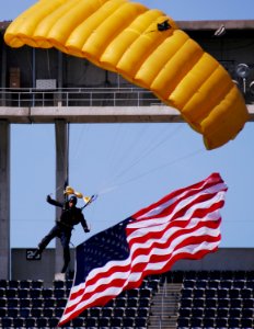 US Navy 070308-N-4163T-360 A member of the U.S. Navy Parachute Demonstration Team Leap Frogs descends into San Diego's Qualcomm Stadium with the American flag during a training session