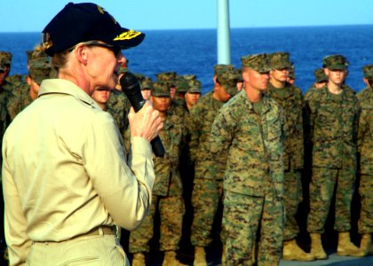 US Navy 070315-N-0120A-054 Rear Adm. Carol M. Pottenger speaks to Sailors and Marines aboard dock landing ship USS Harpers Ferry (LSD 49) during an all hands call