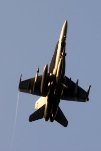 US Navy 070315-N-2659P-309 An F-A-18F Super Hornet, assigned to the Black Knights of Strike Fighter Squadron (VFA) 154, flies over Nimitz-class aircraft carrier USS John C. Stennis (CVN 74) during flight operations