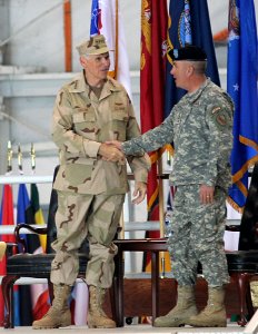 US Navy 070316-A-7445Z-151 Gen. John P. Abizaid, right, shakes the hand of the new U.S. Central Command Commander Adm. William J. Fallon