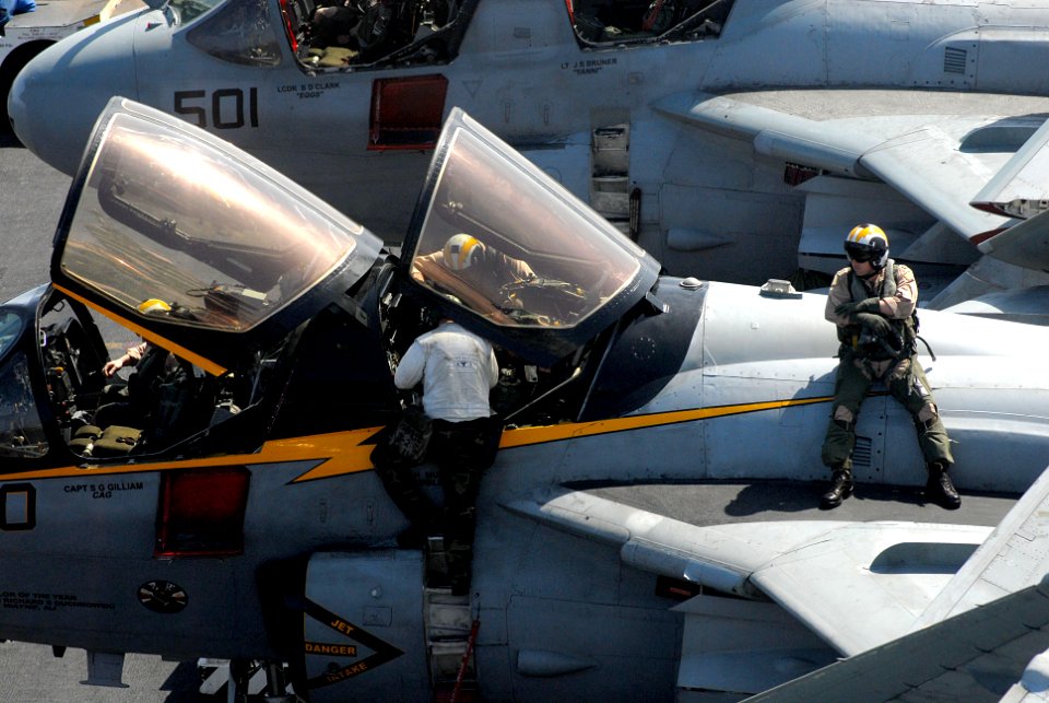US Navy 070316-N-3038W-380 A pilot sits on an EA-6B Prowler, assigned to the