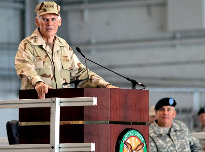 US Navy 070316-A-7445Z-204 Adm. William J. Fallon addresses service members and other attendees for the first time as commander of U.S. Central Command