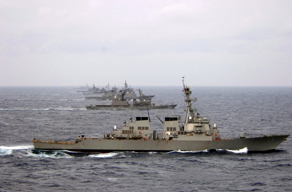 US Navy 070318-N-5961C-008 Ships assigned to the Ronald Reagan Carrier Strike Group and the Japan Maritime Self Defense Force (JMSDF) steam in formation during a photo exercise (PHOTOEX)