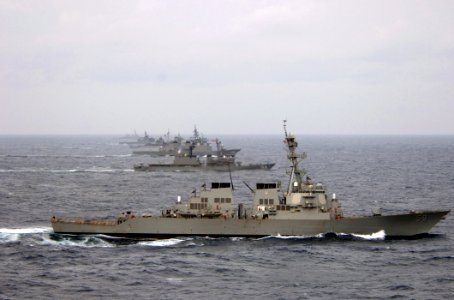 US Navy 070318-N-5961C-008 Ships assigned to the Ronald Reagan Carrier Strike Group and the Japan Maritime Self Defense Force (JMSDF) steam in formation during a photo exercise (PHOTOEX)