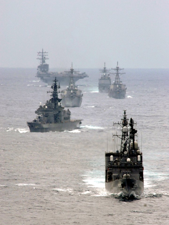 US Navy 070318-N-5961C-178 Ships assigned to the Ronald Reagan Carrier Strike Group and the Japan Maritime Self Defense Force (JMSDF) steam in formation during a photo exercise (PHOTOEX)