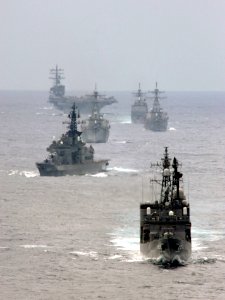 US Navy 070318-N-5961C-178 Ships assigned to the Ronald Reagan Carrier Strike Group and the Japan Maritime Self Defense Force (JMSDF) steam in formation during a photo exercise (PHOTOEX)