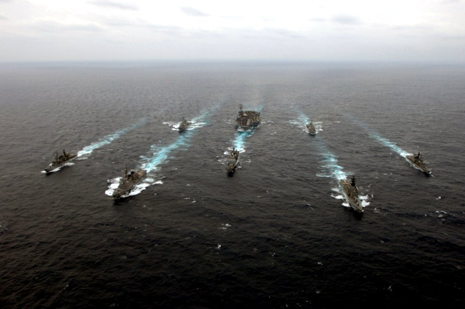 US Navy 070318-N-5961C-336 Ships assigned to Ronald Reagan Carrier Strike Group and Japan Maritime Self-Defense Force (JMSDF) steam in formation during a photo exercise (PHOTOEX)