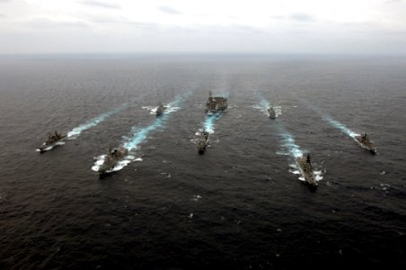 US Navy 070318-N-5961C-336 Ships assigned to Ronald Reagan Carrier Strike Group and Japan Maritime Self-Defense Force (JMSDF) steam in formation during a photo exercise (PHOTOEX)