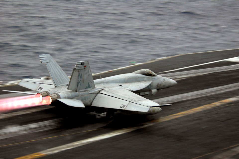 US Navy 070319-N-1635S-001 An F-A-18E Super Hornet, assigned to the Eagles of Strike Fighter Squadron (VFA) 115, launches off the flight deck of Nimitz-class aircraft carrier USS Ronald Reagan (CVN 76)