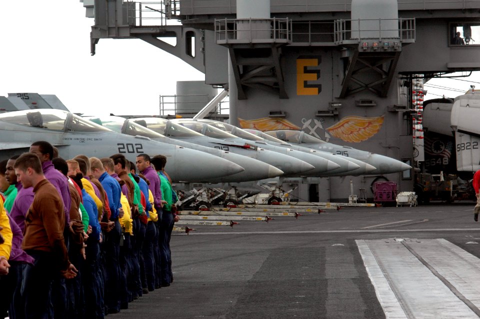 US Navy 070318-N-1635S-003 Sailors man the rails along the starboard side of USS Ronald Reagan (CVN 76) during a pass in review of ships from Ronald Reagan Carrier Strike Group and Japan Maritime Self Defense Force (JMSDF)
