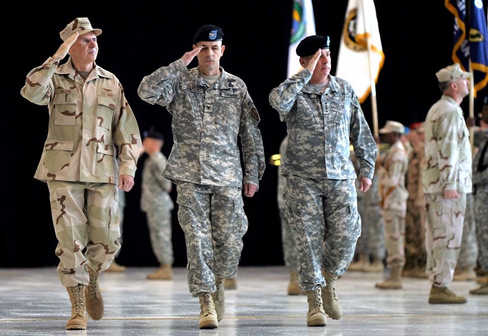 US Navy 070316-A-7445Z-076 Gen. John P. Abizaid, right, inspects the troops for a final time during the Change of Command ceremony at MacDill Air Force Base, Tampa, Fla