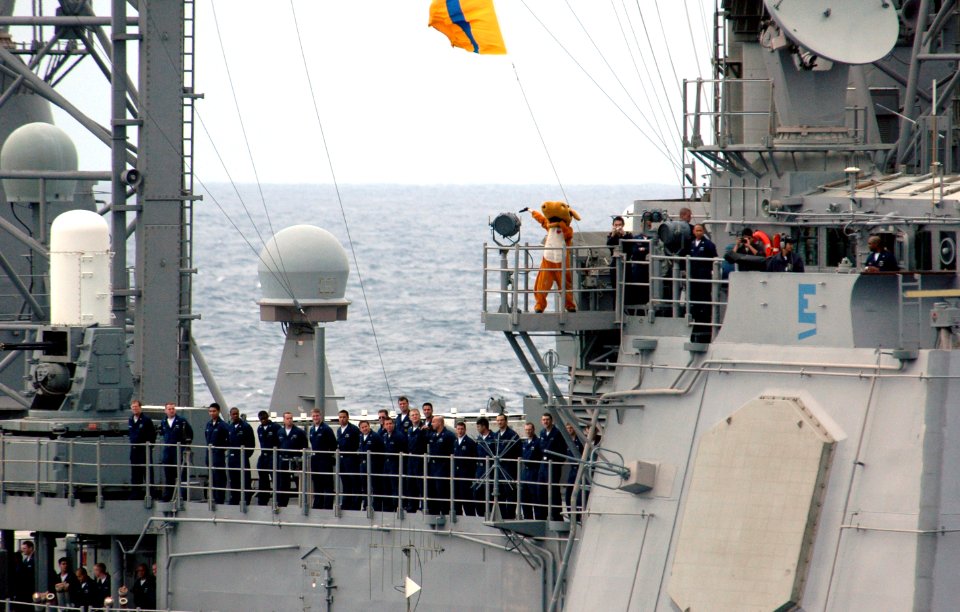 US Navy 070318-N-1635S-011 Off the port side of USS Ronald Reagan (CVN 76), USS Lake Champlain (CG 57) displays their mascot while participating in a pass in review of ships from Ronald Reagan Carrier Strike Group and Japan Mar
