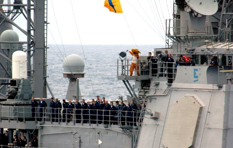 US Navy 070318-N-1635S-011 Off the port side of USS Ronald Reagan (CVN 76), USS Lake Champlain (CG 57) displays their mascot while participating in a pass in review of ships from Ronald Reagan Carrier Strike Group and Japan Mar