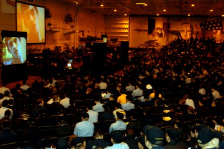 US Navy 070316-N-8923M-045 Sailors watch a drinking and driving documentary during the Recording Artist Athletes and Actors Against Drunk Driving (RADD) Readiness Tour aboard Nimitz-class aircraft carrier USS Harry S. Truman (C