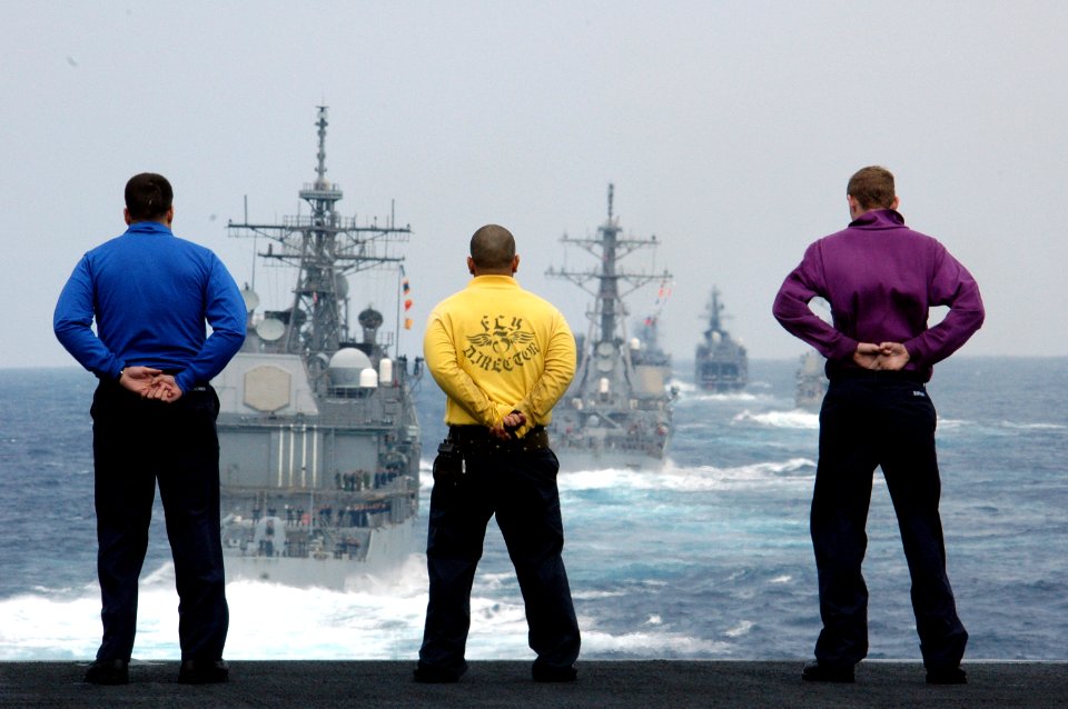 US Navy 070318-N-1635S-012 Sailors man the rails along the bow and starboard side of USS Ronald Reagan (CVN 76) during a pass in review of ships from Ronald Reagan Carrier Strike Group and Japan Maritime Self Defense Force (JMS