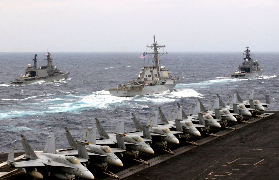 US Navy 070318-N-7130B-435 Off the port side of USS Ronald Reagan (CVN 76), USS Paul Hamilton (DDG 60), center, JS Myoko (DDG 175), right, and JS Hamagiri (DD 155) move into position to participate in a photo exercise (PHOTOEX)