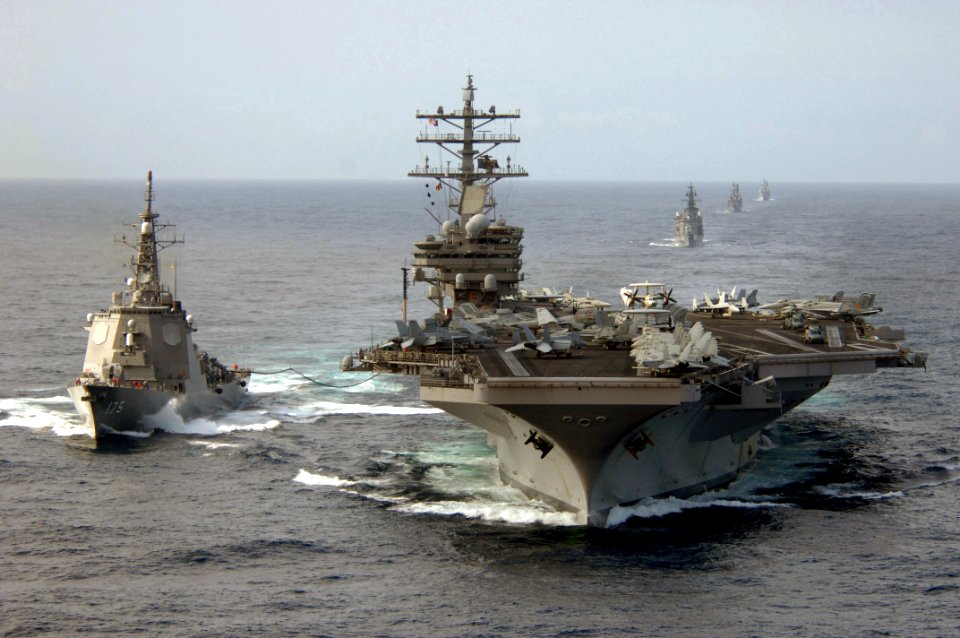 US Navy 070317-N-5961C-052 Japan Maritime Self Defense Force (JMSDF) guided missile destroyer JS Myoko (DDG 175) pulls alongside USS Ronald Reagan (CVN 76) for a refueling at sea (RAS)