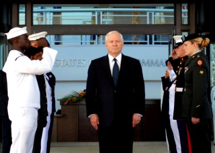 US Navy 070326-N-4965F-005 Secretary of Defense (SECDEF) the Honorable Dr. Robert M. Gates is piped aboard at an assumption of command ceremony for U.S. Pacific Command