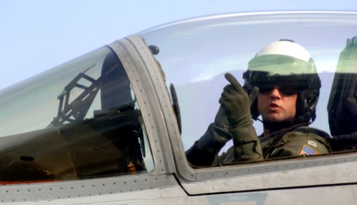 US Navy 070321-N-2984R-005 A Naval Aviator assigned to the Raging Bulls of Strike Fighter Squadron (VFA) 37 performs hand signals from his F-A-18C Hornet during flight operations