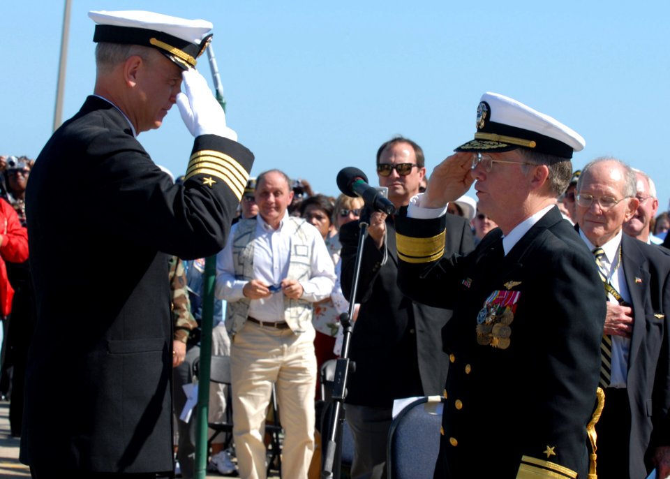 US Navy 070323-N-8102J-225 USS John F. Kennedy (CV 67) Commanding Officer Capt. Todd A. Zecchin salutes Commander, Naval Air Force Atlantic Rear Admiral H. D. Starling II during the ship's decommissioning ceremony prior to reti