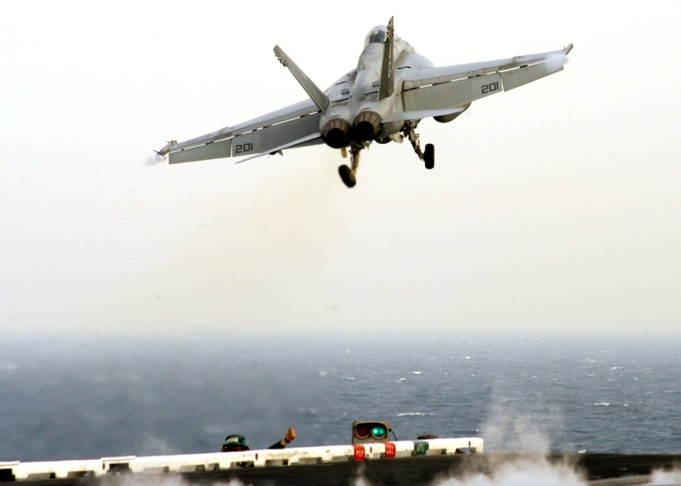 US Navy 070327-N-8446A-004 An F-A-18F Super Hornet, assigned to the Jolly Rogers of Strike Fighter Squadron (VFA) 103, launches from the flight deck of Nimitz-class aircraft carrier USS Dwight D. Eisenhower (CVN 69)