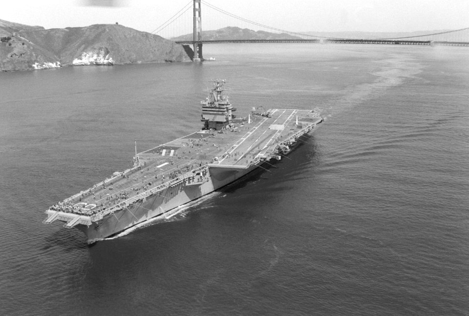 USS Enterprise (CVN-65) passing under the Golden Gate Bridge in 1982