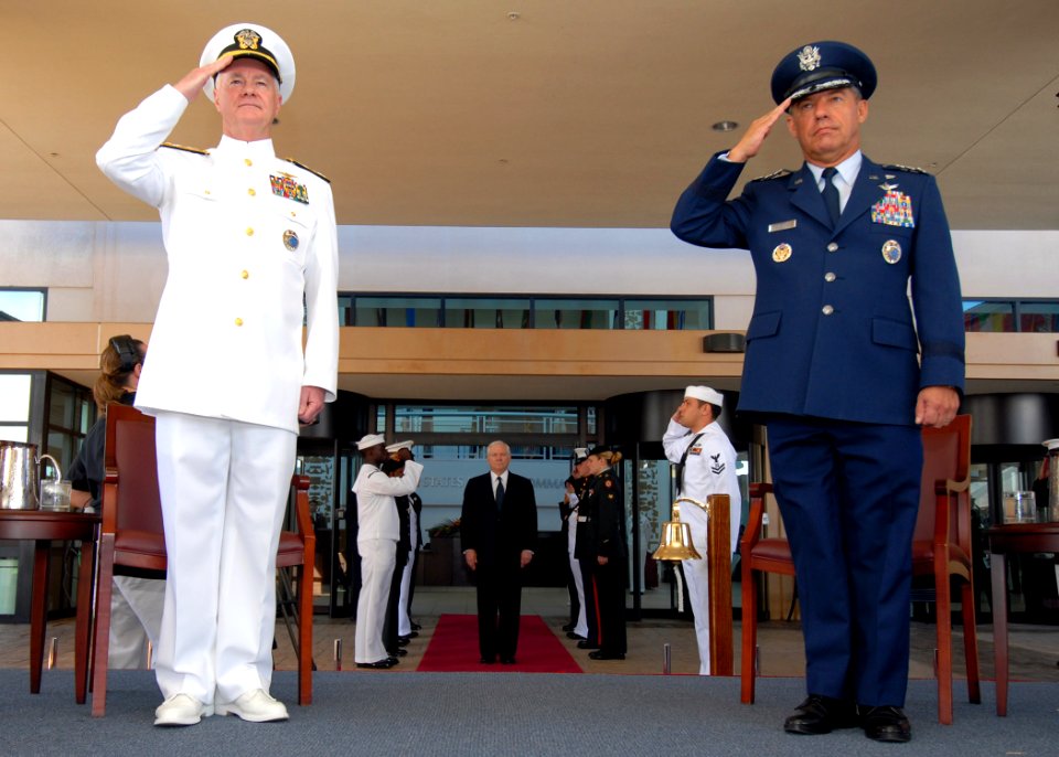 US Navy 070326-N-4965F-006 Adm. Timothy J. Keating and Lt. Gen. Daniel P. Leaf salute as Secretary of Defense (SECDEF) the Honorable Dr. Robert M. Gates is piped aboard at an assumption of command ceremony for U.S. Pacific Comm