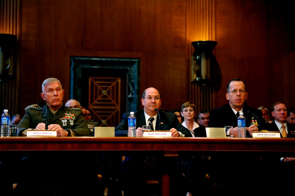 US Navy 070328-N-3642E-027 Secretary of the Navy (SECNAV), the Honorable Dr. Donald C. Winter, Chief of Naval Operations (CNO) Adm. Mike Mullen and Commandant of the Marine Corps Gen. James T. Conway appear before the Senate Ap