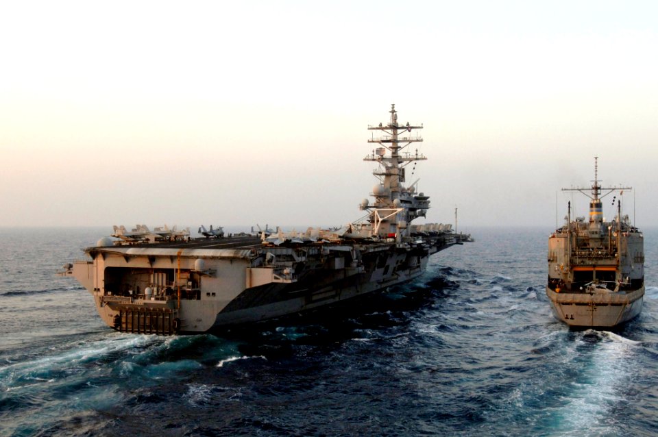 US Navy 070328-N-7130B-112 Nimitz-class aircraft carrier USS Ronald Reagan (CVN 76) comes alongside Military Sealift Command (MSC) ammunition ship USNS Kiska (T-AE 35) for an ordnance offloading evolution