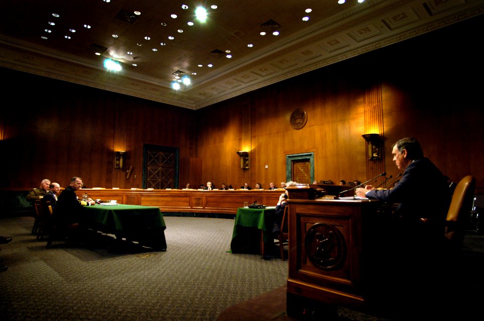 US Navy 070329-N-0696M-087 Chief of Naval Operations (CNO) Adm. Mike Mullen, Secretary of the Navy (SECNAV), the Honorable Dr. Donald C. Winter and Commandant of the Marine Corps Gen. James T. Conway answer the questions of Flo