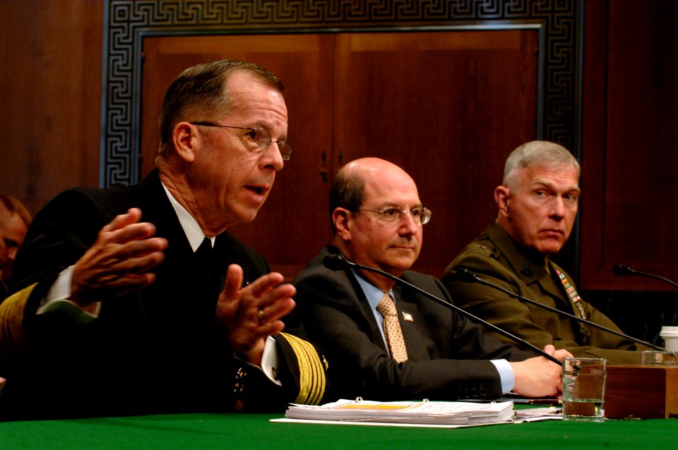 US Navy 070329-N-3642E-458 Secretary of the Navy (SECNAV), the Honorable Dr. Donald C. Winter, Chief of Naval Operations (CNO) Adm. Mike Mullen and Commandant of the Marine Corps Gen. James T. Conway appear before the Senate Ar