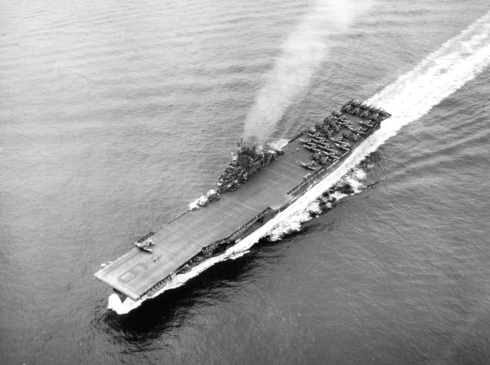 USS Essex (CV-9) underway at sea on 20 May 1945