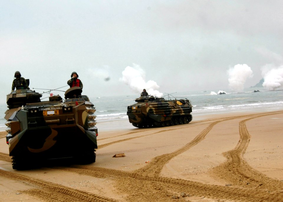 US Navy 070329-N-6710M-077 Amphibious Assault Vehicles (AAV) transit U.S.-Republic of Korean Marines and equipment on the Korean shores in support of Foal Eagle 2007