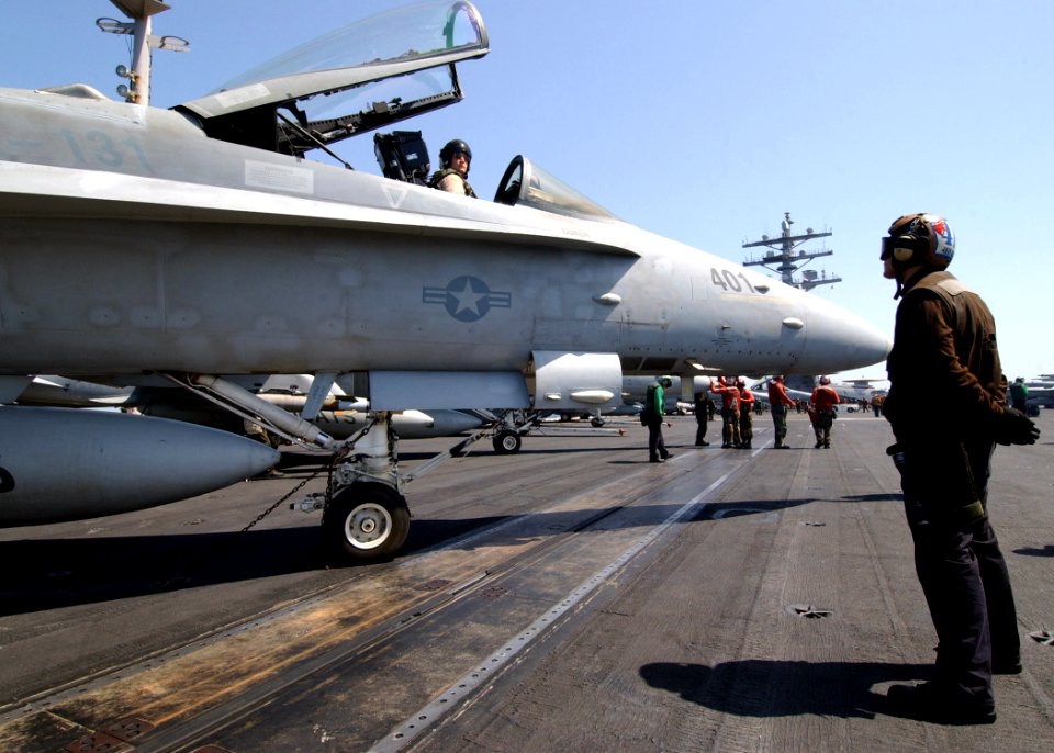 US Navy 070329-N-6854D-003 An F-A-18C Hornet, assigned to the Wildcats of Strike Fighter Squadron (VFA) 131, prepares to launch from the flight deck of Nimitz-class aircraft carrier USS Dwight D. Eisenhower (CVN 69)