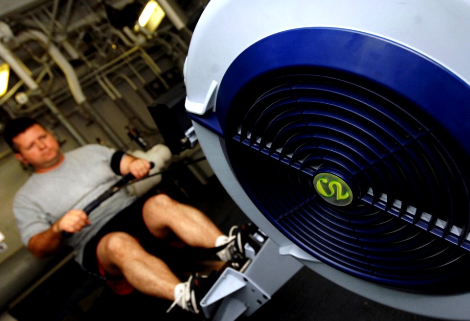 US Navy 070329-N-8923M-029 Lt. Shaun Estep of Strike Fighter Squadron (VFA) 37, the Raging Bulls, prepares for the physical readiness test (PRT) on a rowing machine